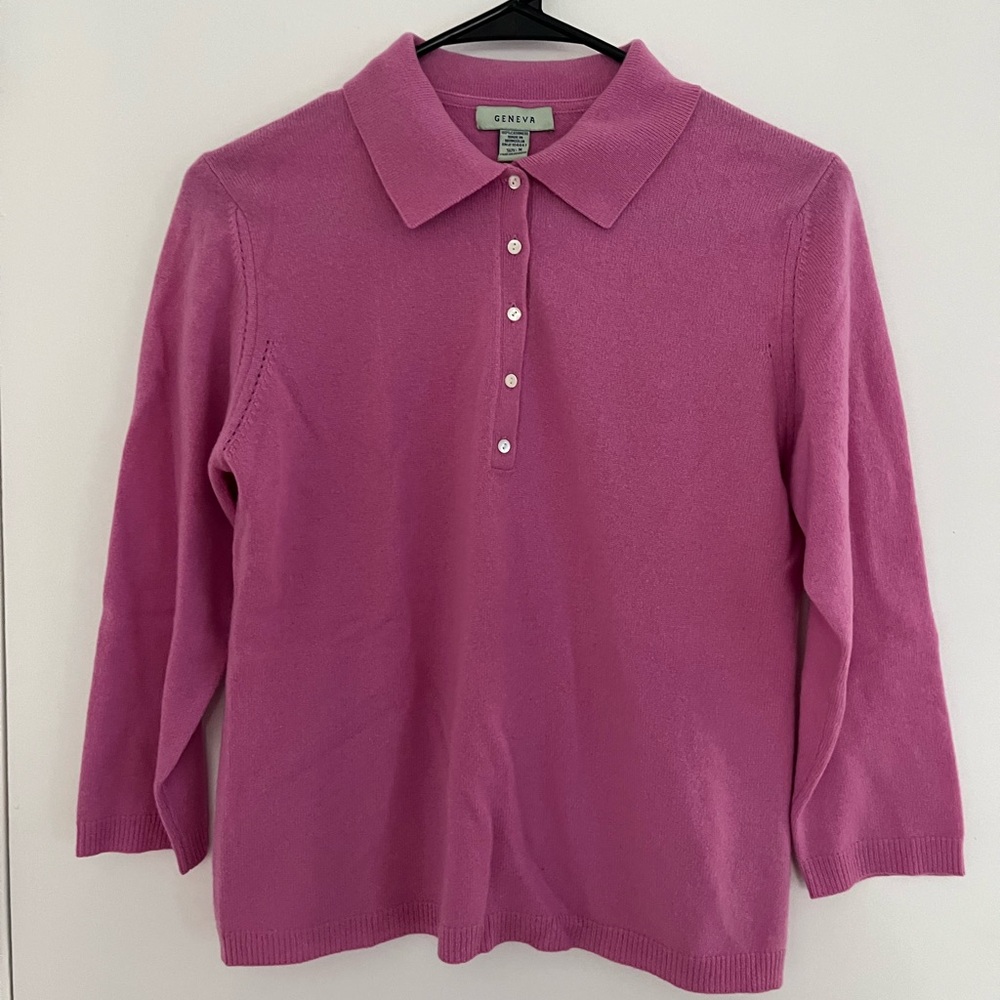 GENEVA Cashmere Sweater Women M Pink Collar Polo Pullover Luxury Preppy Chic